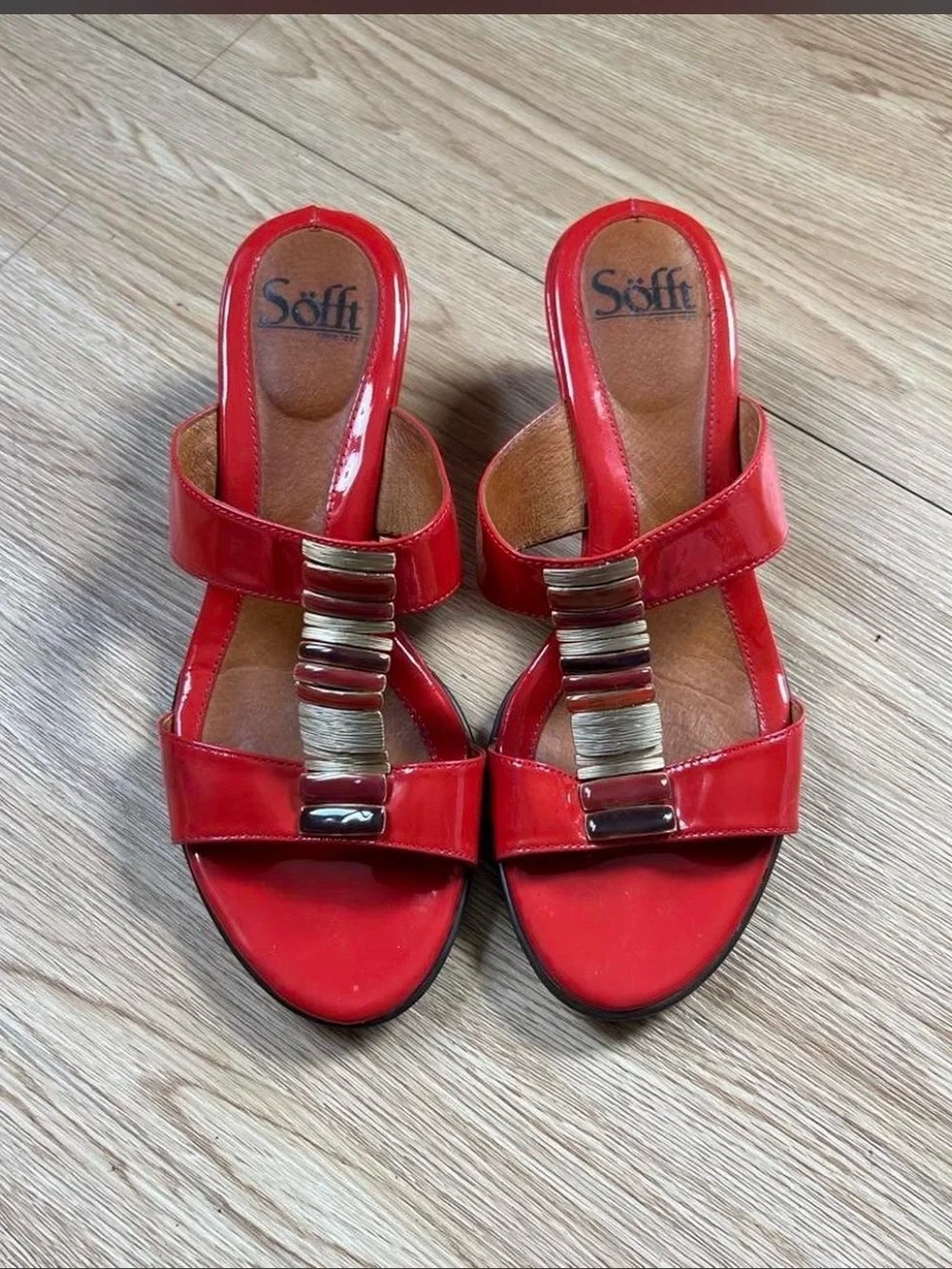 Red Patent Slip-On Mules with Metallic Detailing